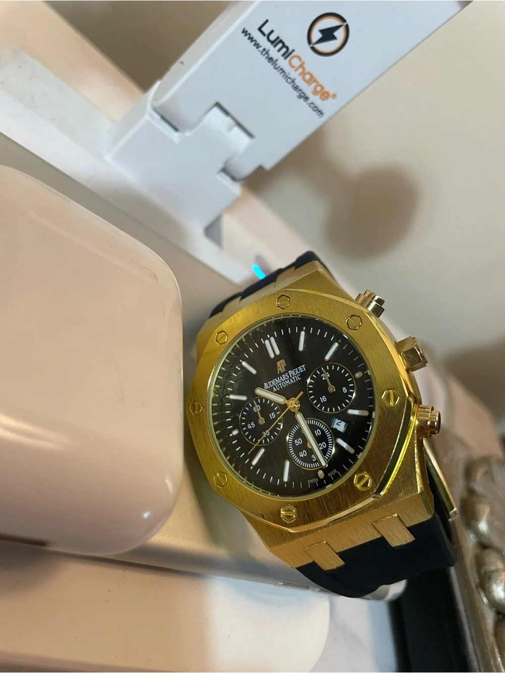 Gold-Tone Chronograph Men's Watch with Black Strap royal design